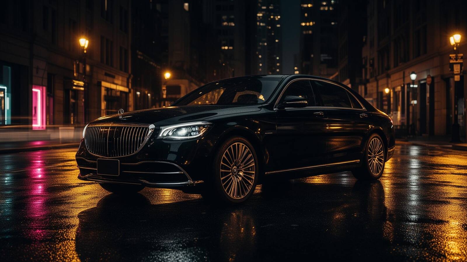 Luxury car on a wet city street at night